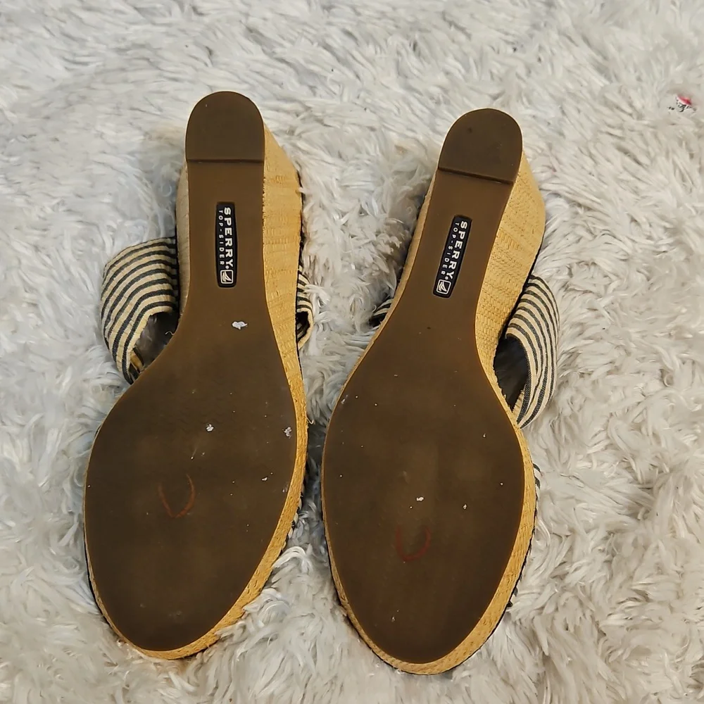 Sperry Top-Sider Espadrille Wedge Sandals Blue Striped Bow Accents Nautical‎
